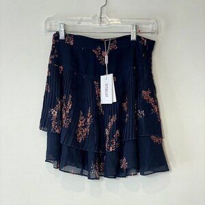 Derek Lam 10 Crosby Pleated Mini Floral Skirt Womens 00 Navy Blue Tiered NEW